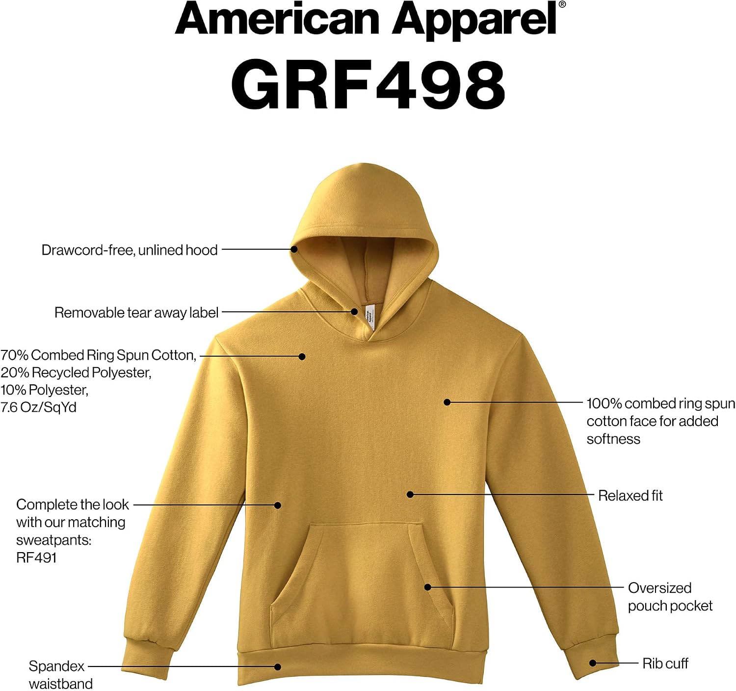 American Apparel Unisex Adult Reflex Fleece Pullover Hoodie Sweatshirt, Grf498aa White