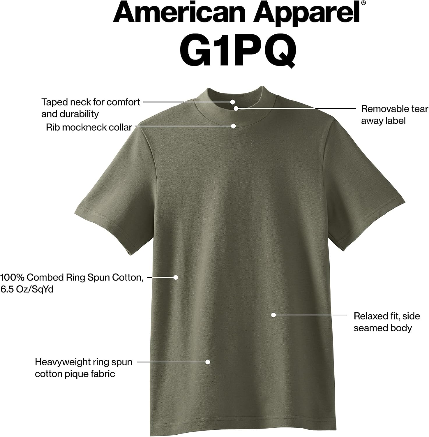 American Apparel Unisex Adult Pique Mockneck T-Shirt, Style G1pq Black