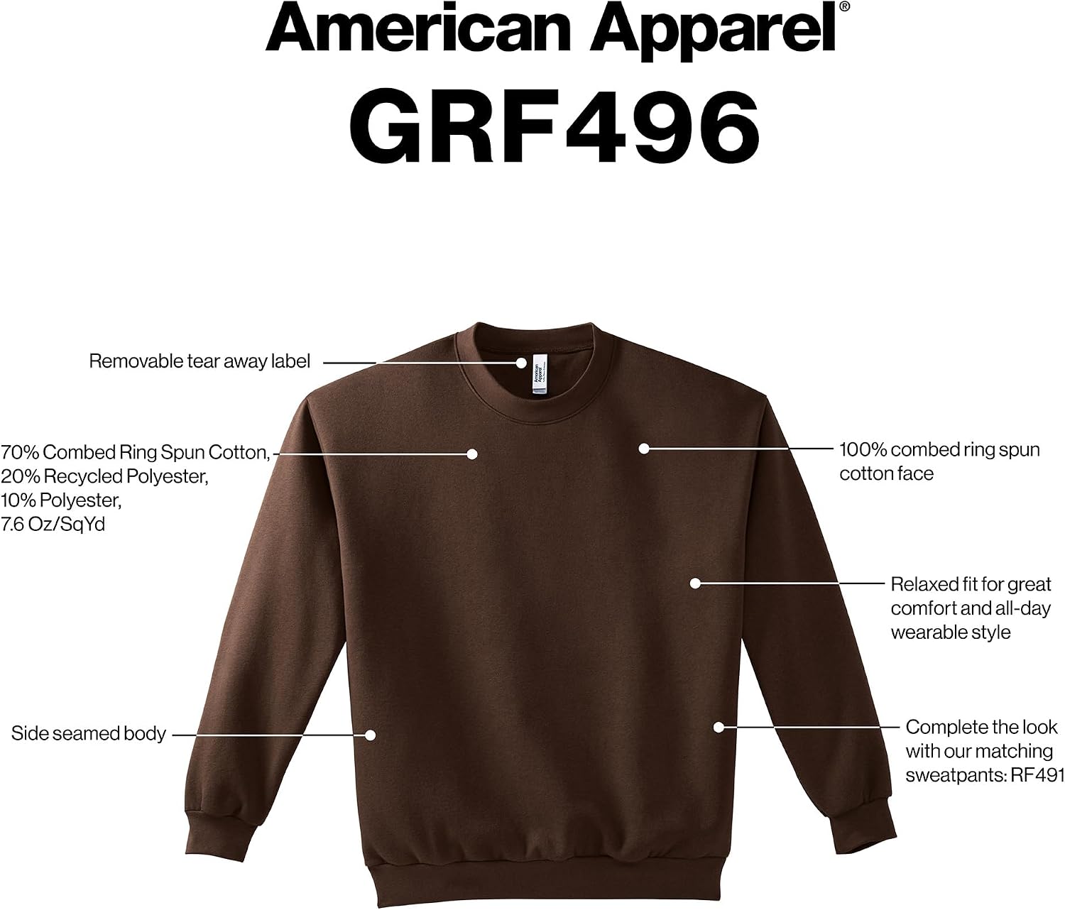 American Apparel Unisex Adult Reflex Fleece Crewneck Sweatshirt, Grf496aa White