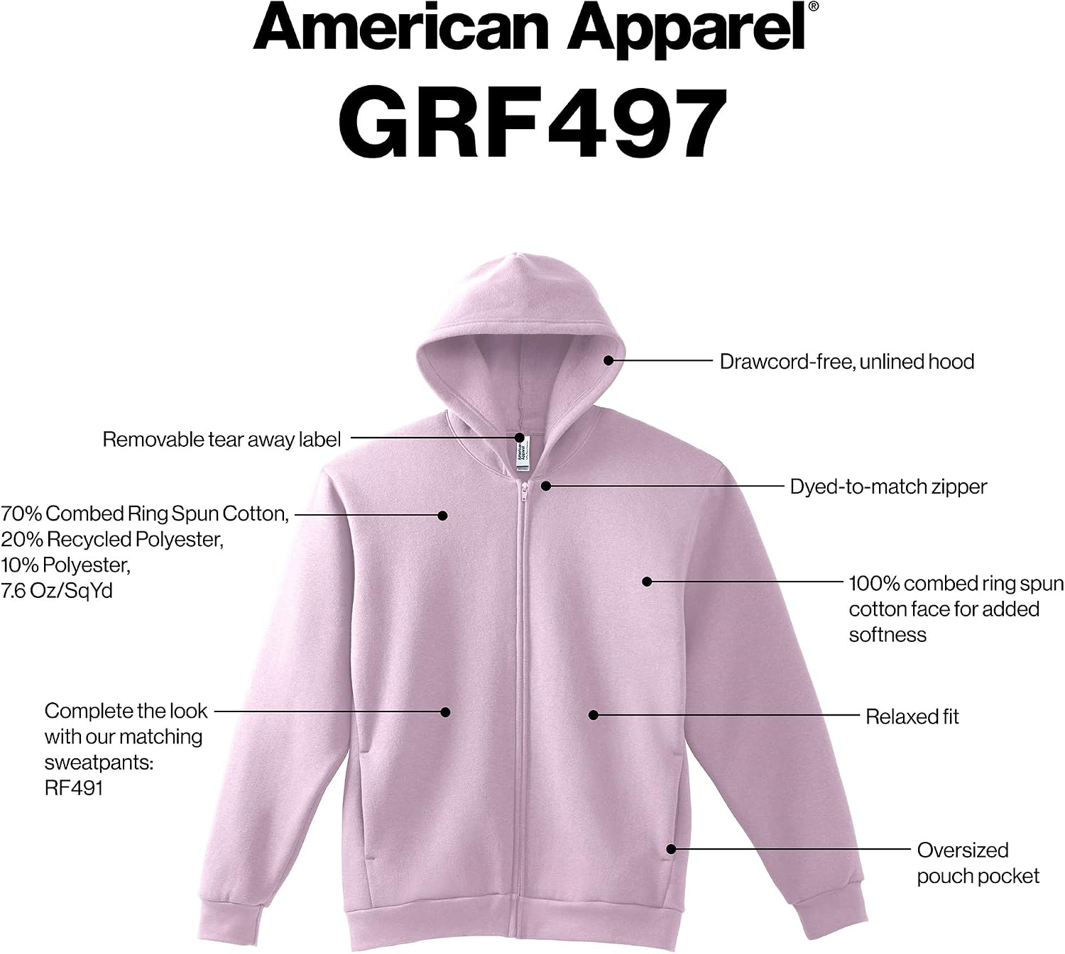 American Apparel Unisex Adult Reflex Fleece Full Zip Hoodie Sweatshirt, Grf497aa Blush